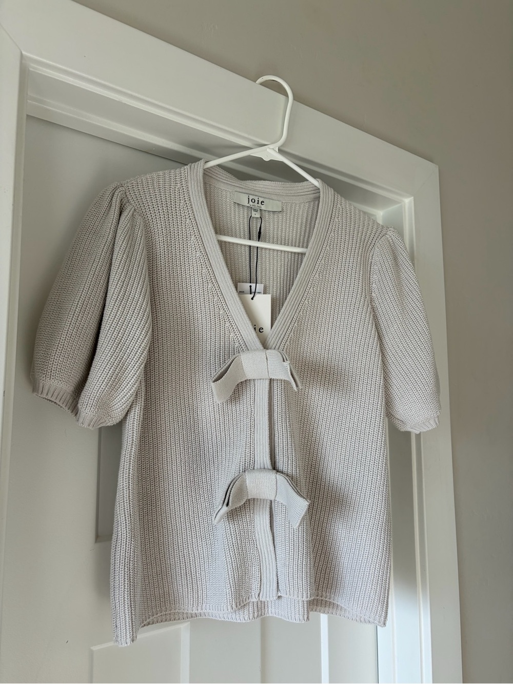 Joie Women's Light Cream Knit V-Neck Cardigan with Bow Ties